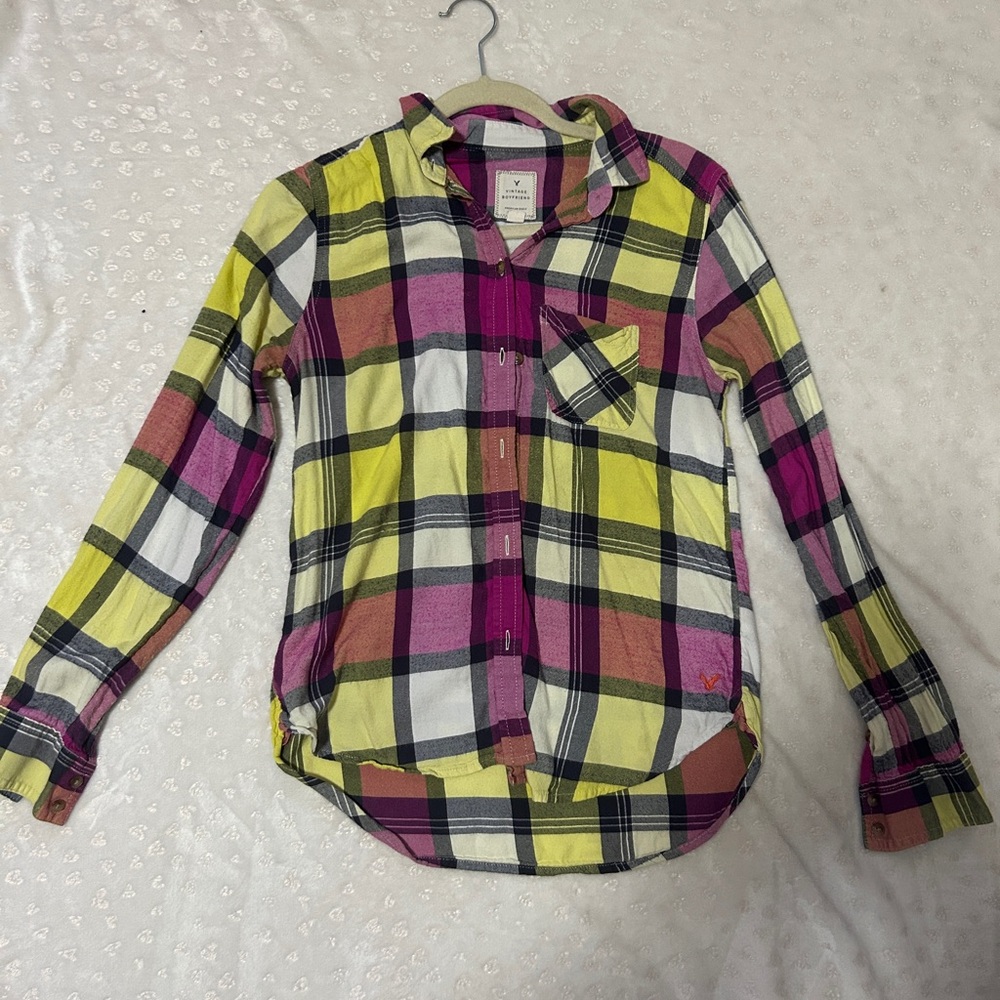 American Eagle Outfitters Yellow and Pink Long Sleeve Tee